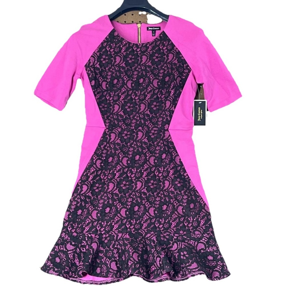 JUICY COUTURE Stretch knit retro dress sz 6 Hot Pink Black Lace scoop neck‎ NWT